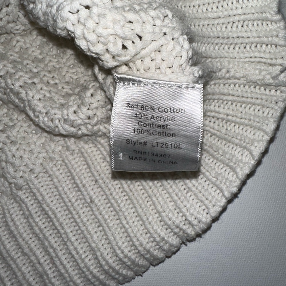 Line & Dot White Cable Knit Sweater Size M Bishop Sleeves Cotton Open Weave Cozy - Picture 5 of 9